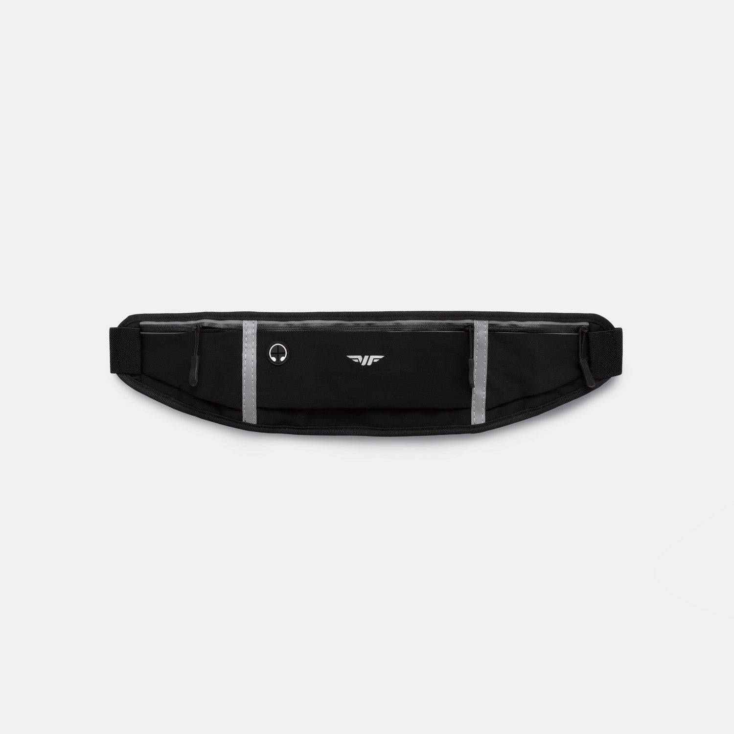 A black  running belt with three zippered pockets featuring bright yellow zippers, displayed against a plain light gray background