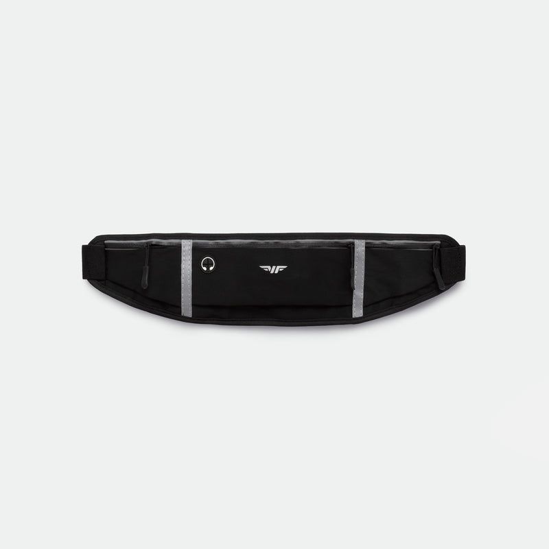 A black  running belt with three zippered pockets featuring bright yellow zippers, displayed against a plain light gray background