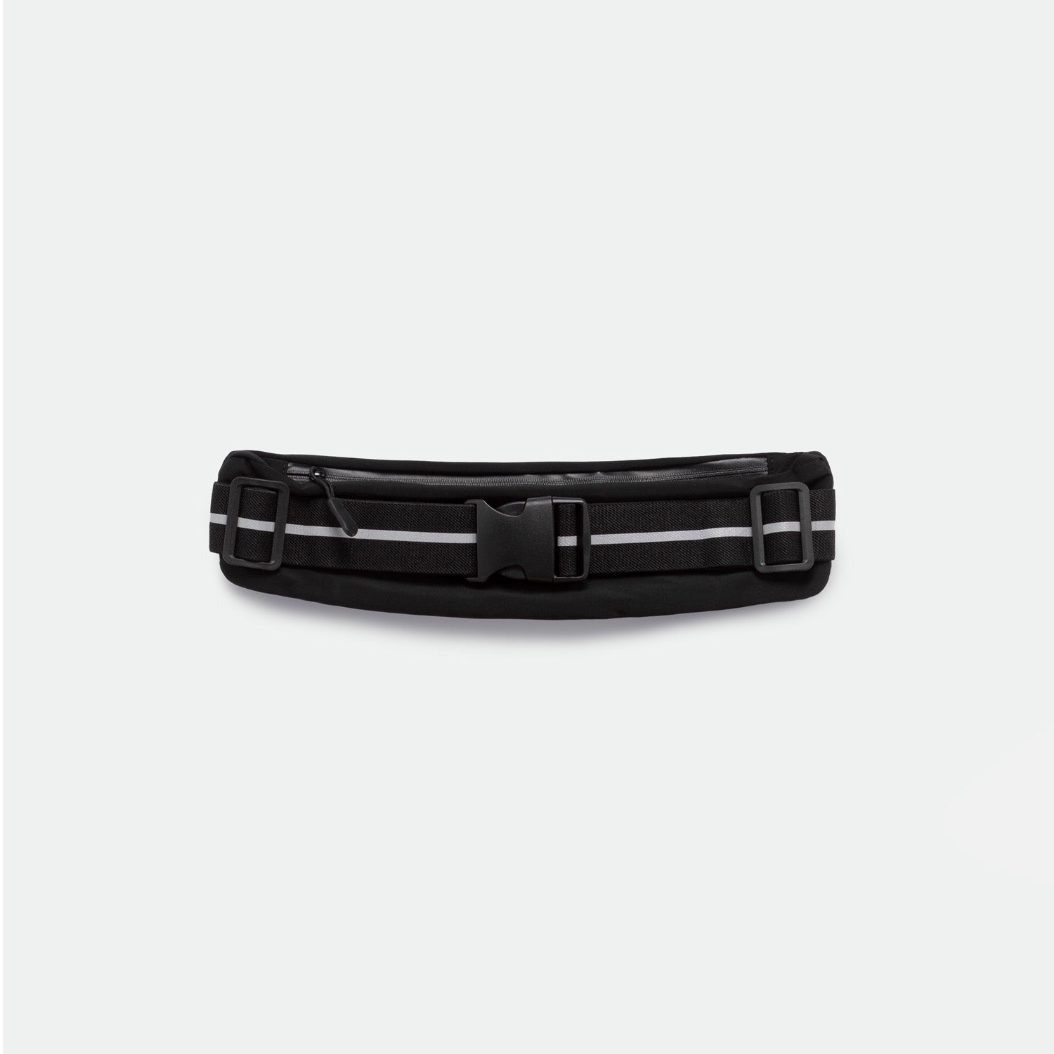 black belt bag with black adjustable strap, featuring reflective gray stripes and a buckle closure, set against a plain white background.