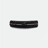 black belt bag with black adjustable strap, featuring reflective gray stripes and a buckle closure, set against a plain white background.