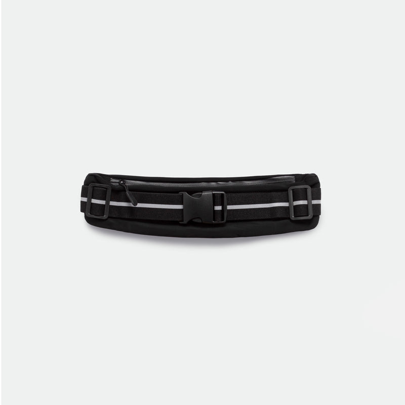 black belt bag with black adjustable strap, featuring reflective gray stripes and a buckle closure, set against a plain white background.
