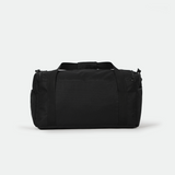 A black duffel bag with sturdy handles and a textured surface is centered against a plain white background, conveying simplicity and functionality.