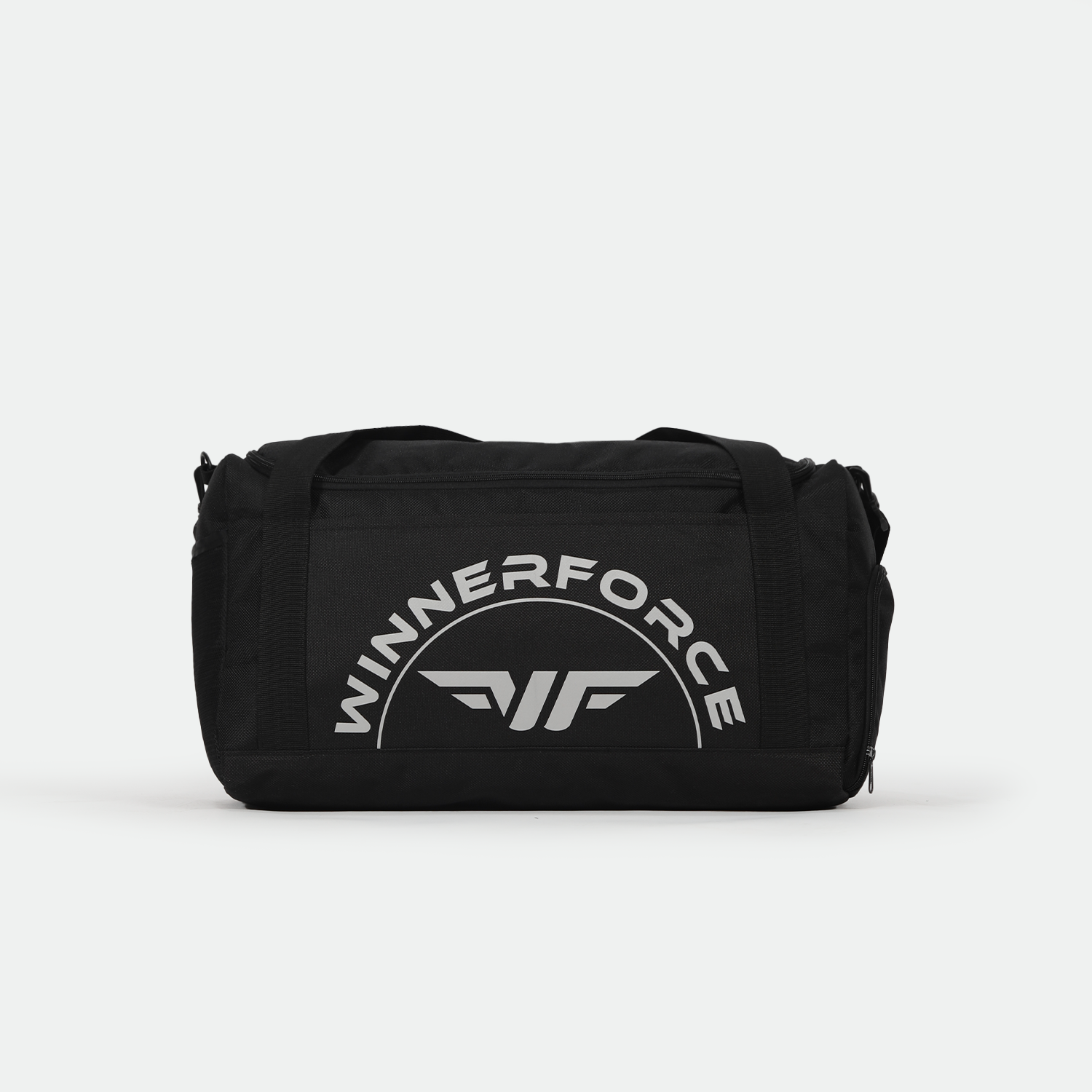 A sleek black duffel bag with "WINNERFORCE" in bold white letters and a stylized wing logo. The design is modern and sporty, conveying strength.