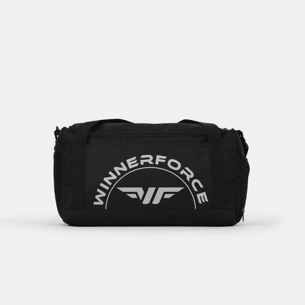 A sleek black duffel bag with "WINNERFORCE" in bold white letters and a stylized wing logo. The design is modern and sporty, conveying strength.