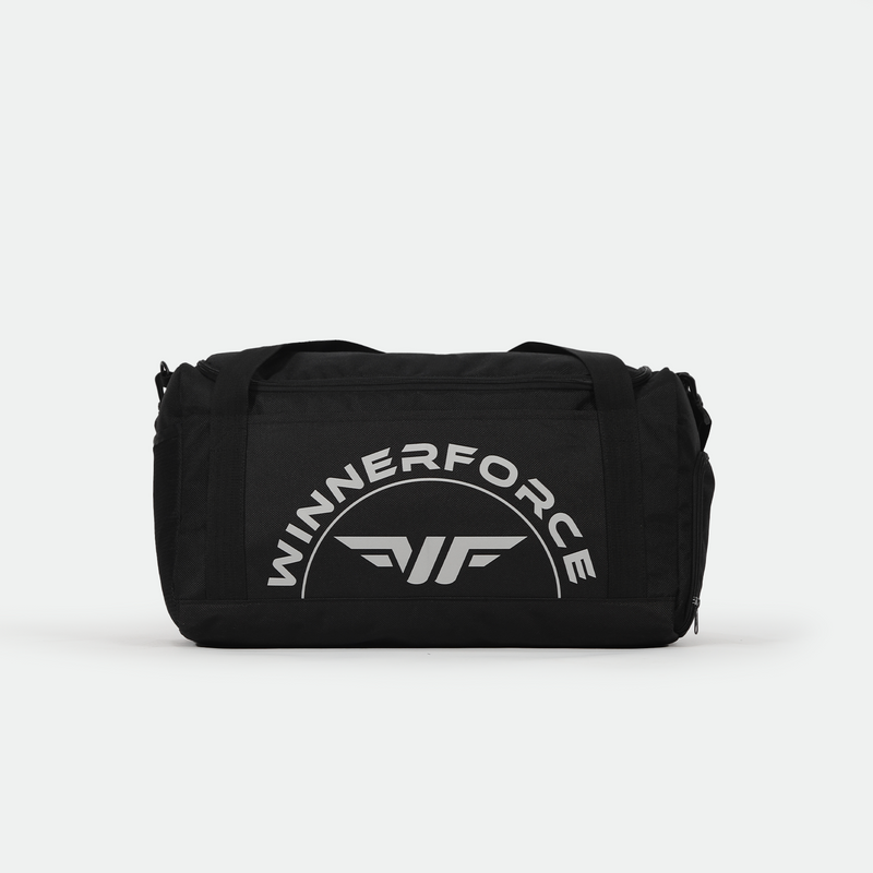 A sleek black duffel bag with "WINNERFORCE" in bold white letters and a stylized wing logo. The design is modern and sporty, conveying strength.