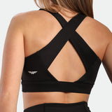 close up view for back view of woman  wearing bra black with logo 