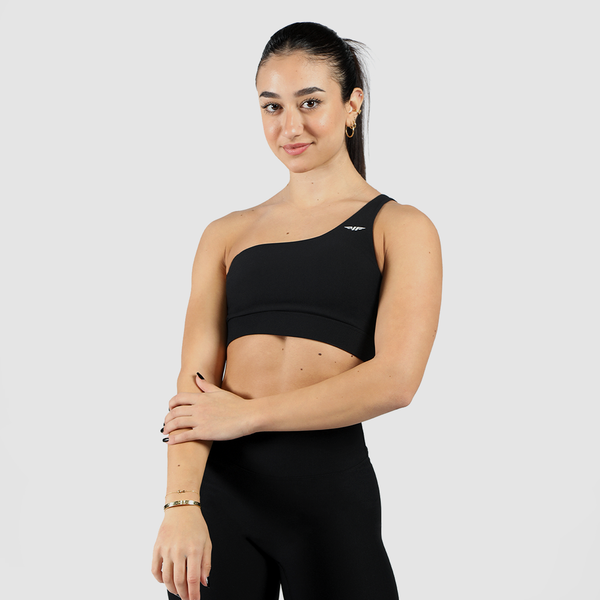 Model wearing a stylish black sports bra and leggings presenting a modern and sporty look, along with a light grey logo and background