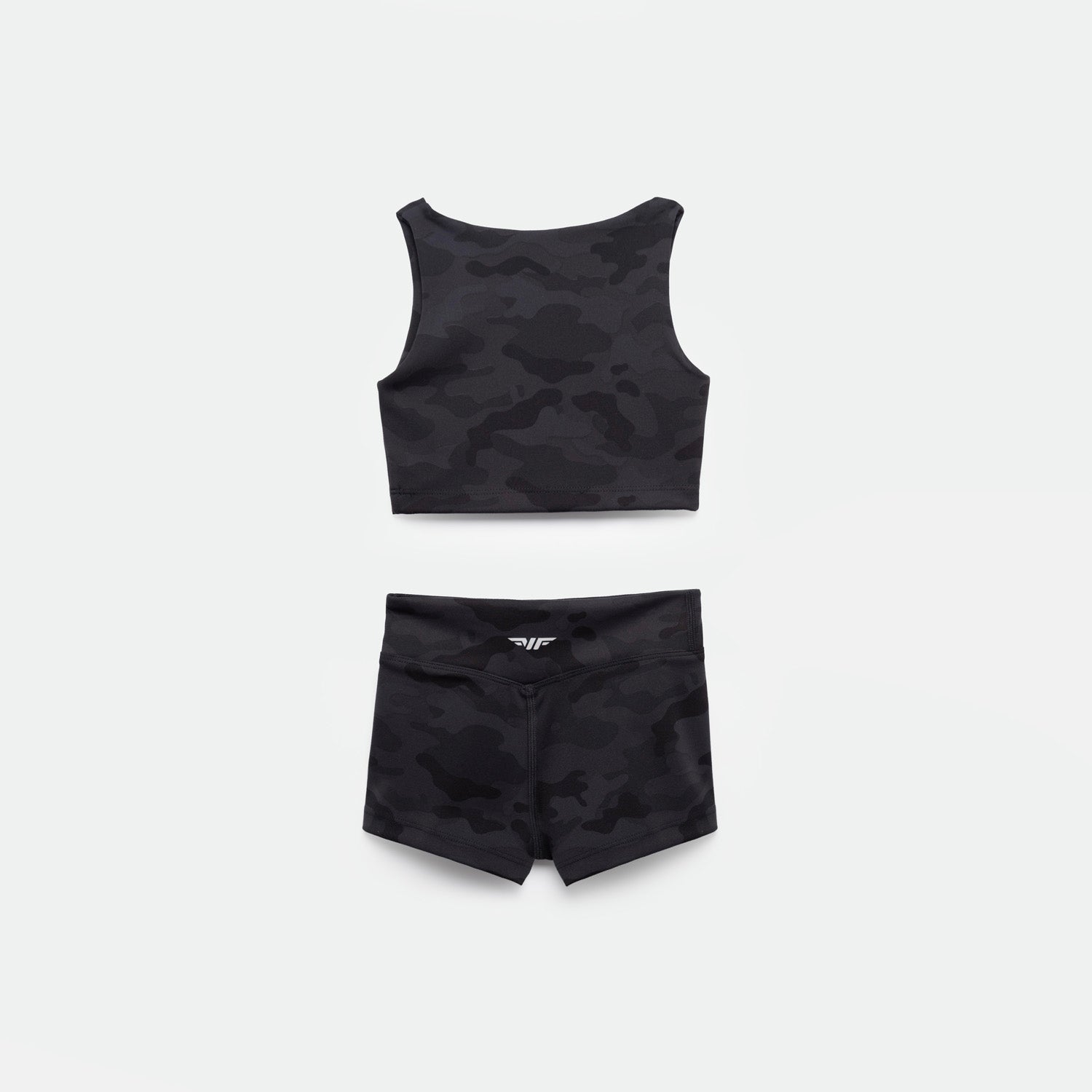 a back view for  set matching camo black ,crop top and short  ,plus the logo 