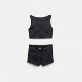 a back view for  set matching camo black ,crop top and short  ,plus the logo 