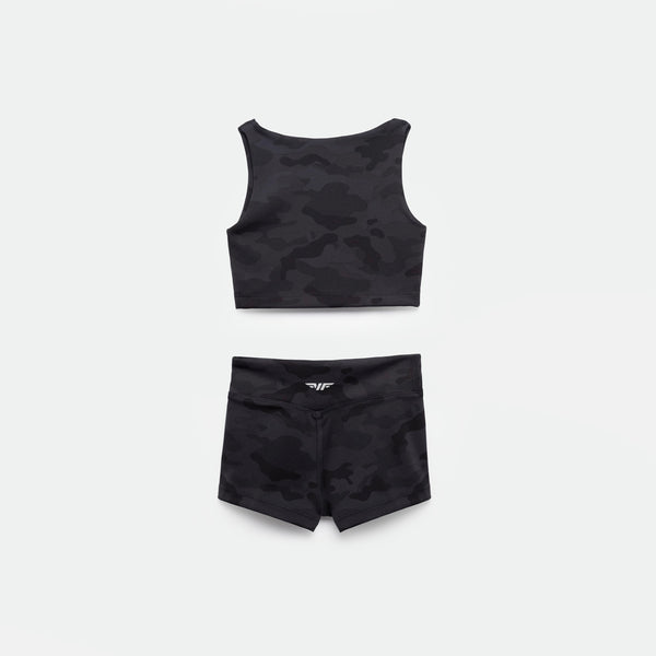a back view for  set matching camo black ,crop top and short  ,plus the logo 
