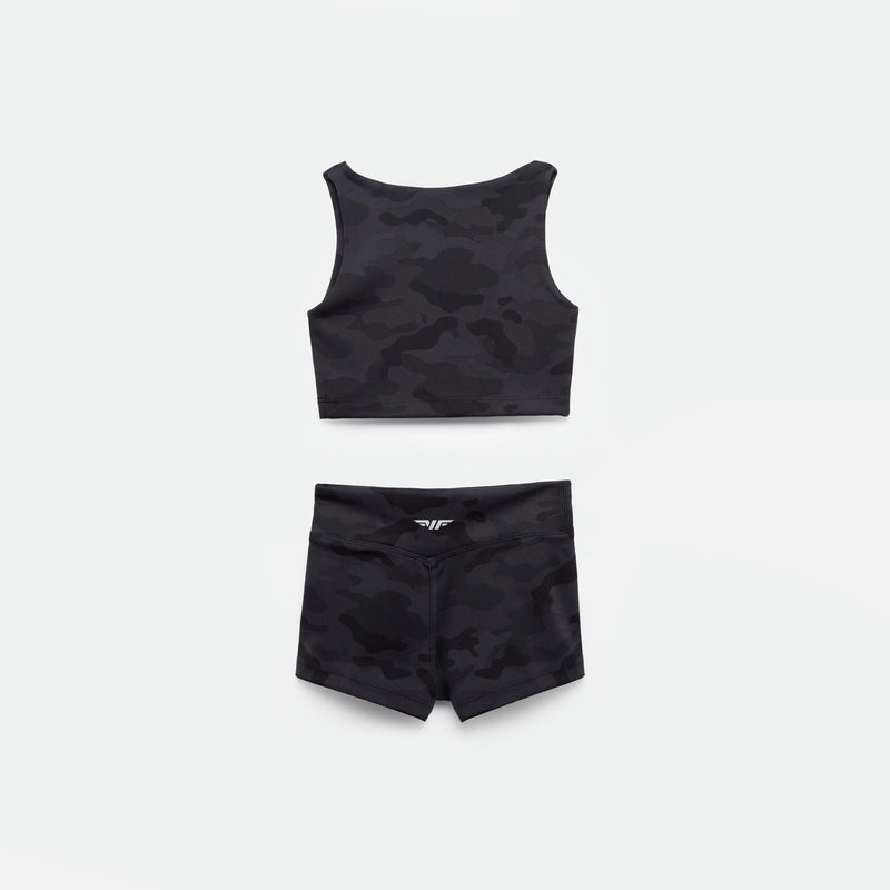 a back view for  set matching camo black ,crop top and short  ,plus the logo 