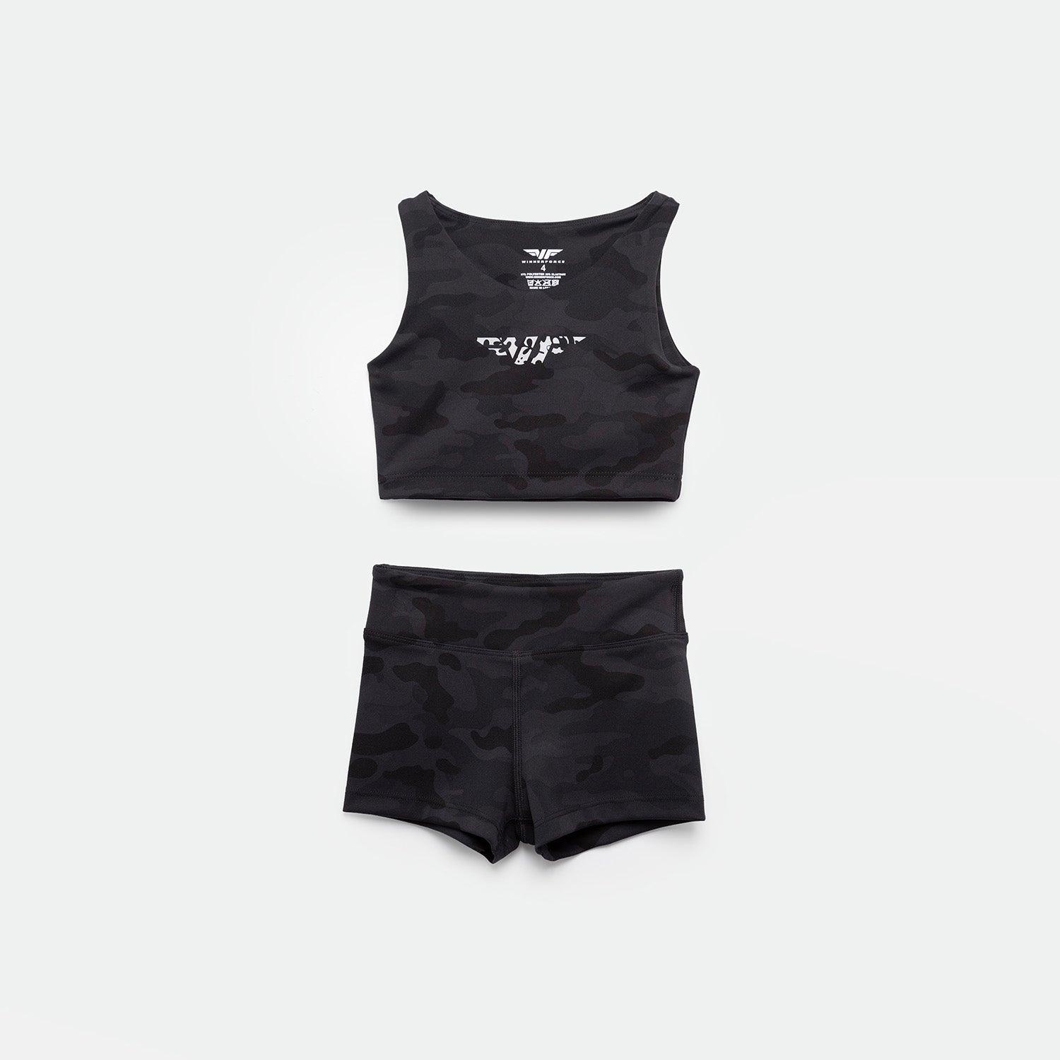 a matching set camo  black crop top with logo and short 