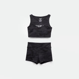 a matching set camo  black crop top with logo and short 