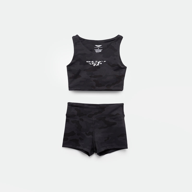 a matching set camo  black crop top with logo and short 