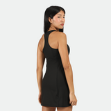 a back view for fit woman wearing dress black 