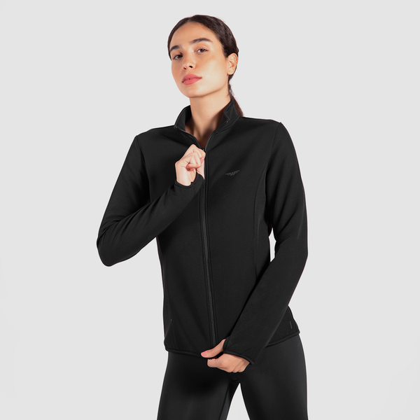 a fit woman wearing jacket black with legging black 