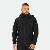 a fit man wearing a polo jacket black with much zipper and logo ,plus the pants 