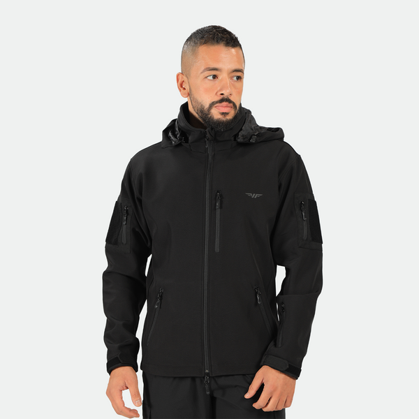a fit man wearing a polo jacket black with much zipper and logo ,plus the pants 