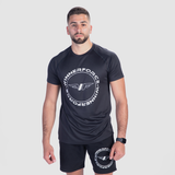 a fit man wearing matching set black with logo ,t-shirt and short 
