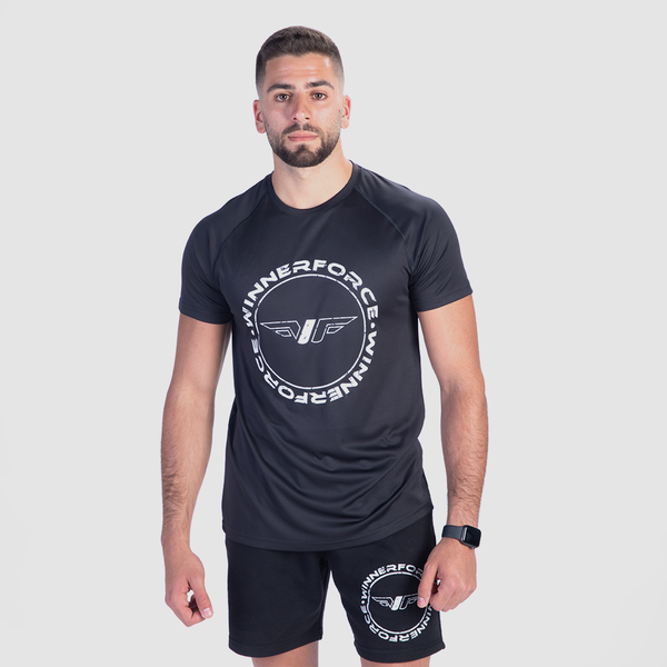 a fit man wearing matching set black with logo ,t-shirt and short 