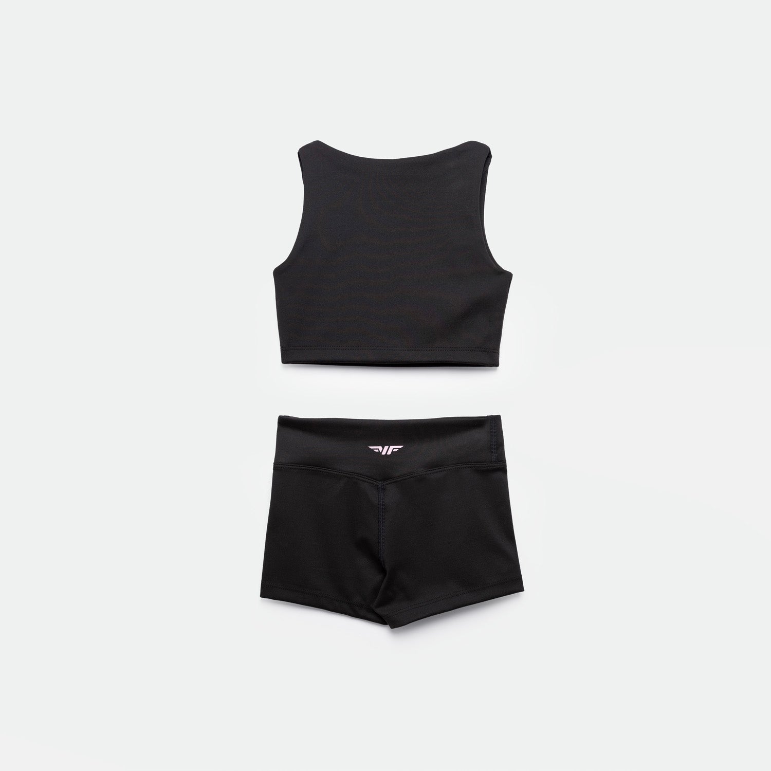 a back view for matching set black crop top with short 