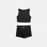 a back view for matching set black crop top with short 