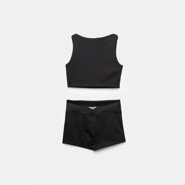a back view for matching set black crop top with short 