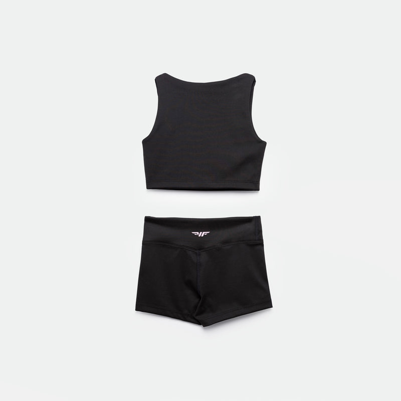 a back view for matching set black crop top with short 