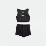 matching set black crop top with logo and short 