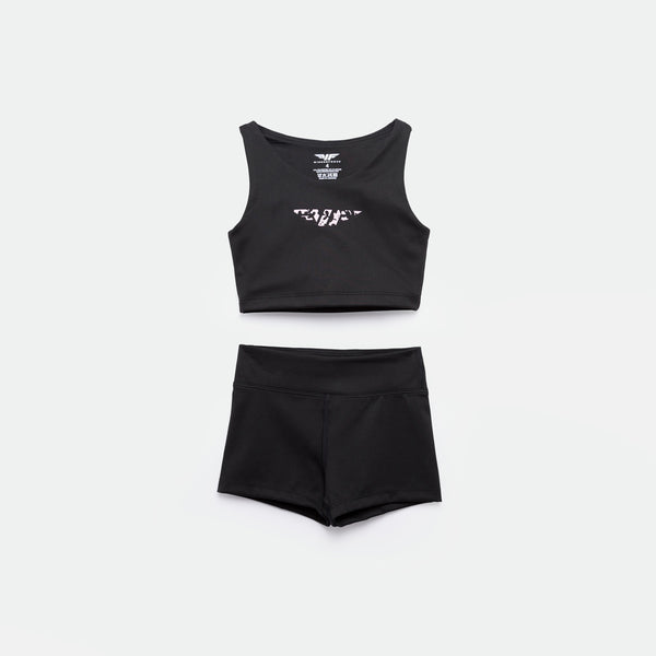 matching set black crop top with logo and short 