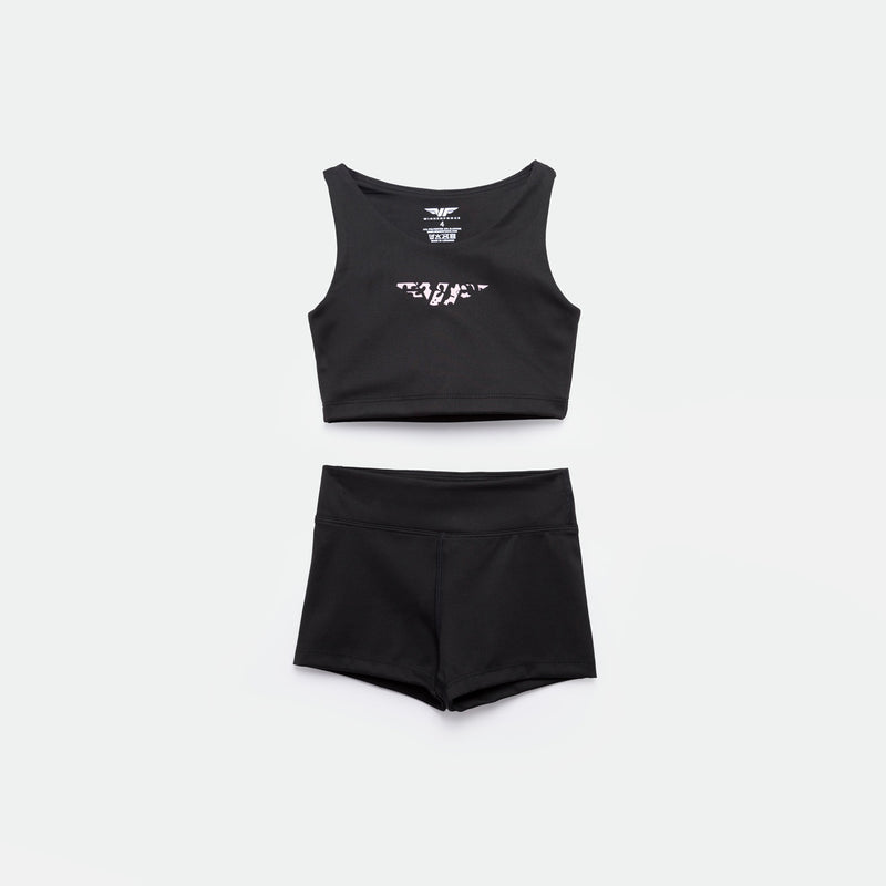 matching set black crop top with logo and short 
