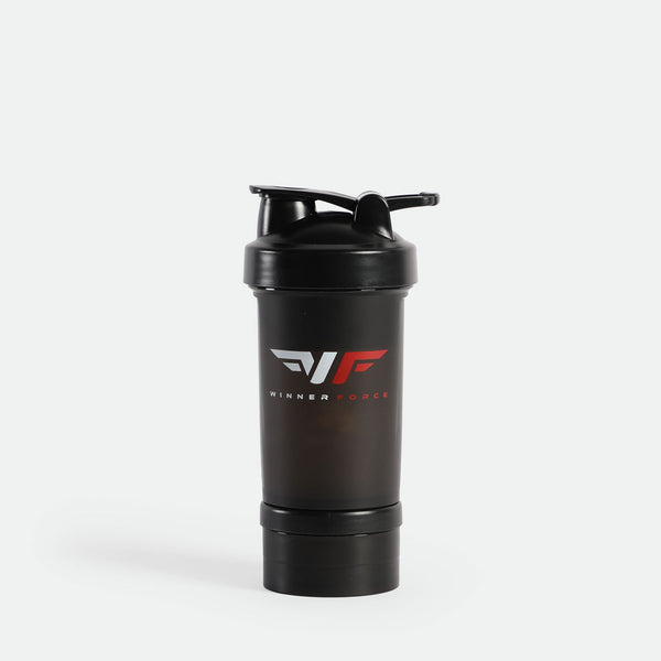 Black shaker bottle with a closed flip lid, featuring a red and white "Winner Force" logo on the front. Simple and sporty design.