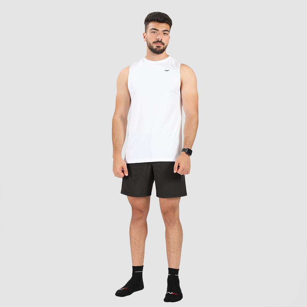 a fit man wearing t-shirt white with short black plus  socks black 