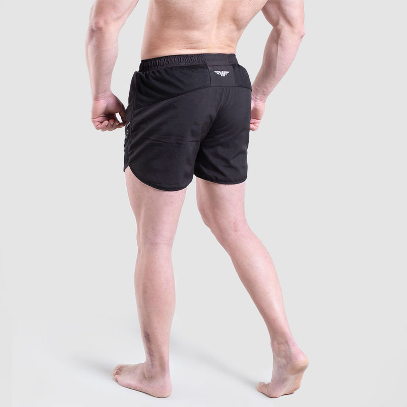 a back view for fit man wearing  short black with logo 