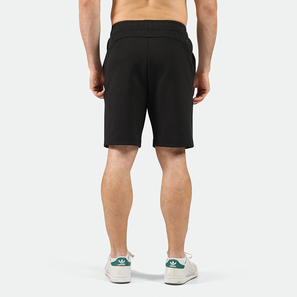 a back view for fit man wearing short black with shoes  