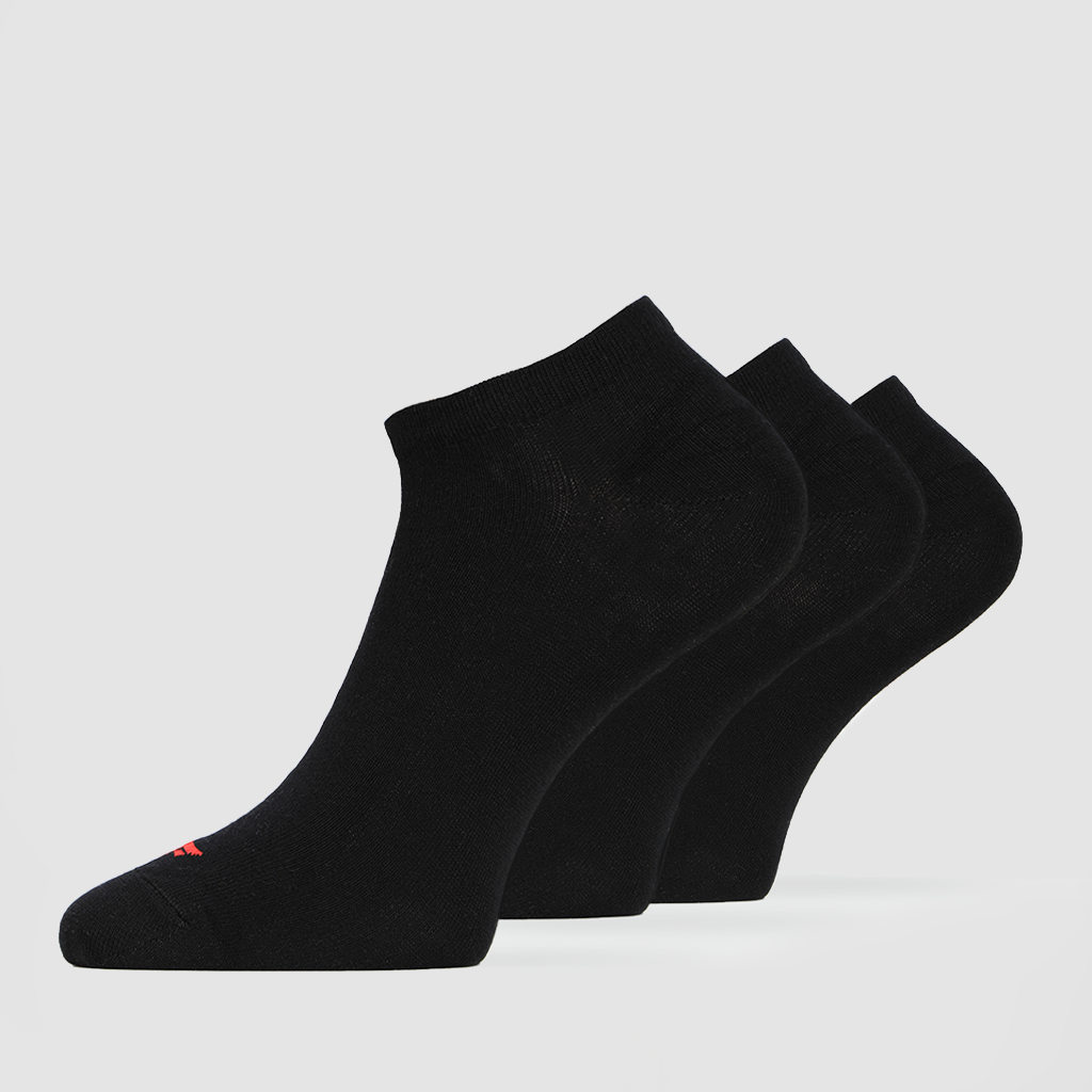 Three pairs of black ankle socks with a small red logo on the side, displayed against a white background.