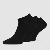 Three pairs of black ankle socks with a small red logo on the side, displayed against a white background.