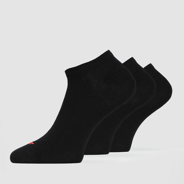Three pairs of black ankle socks with a small red logo on the side, displayed against a white background.