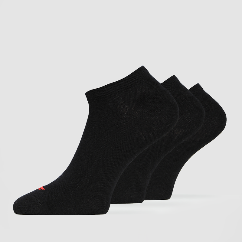 Three pairs of black ankle socks with a small red logo on the side, displayed against a white background.