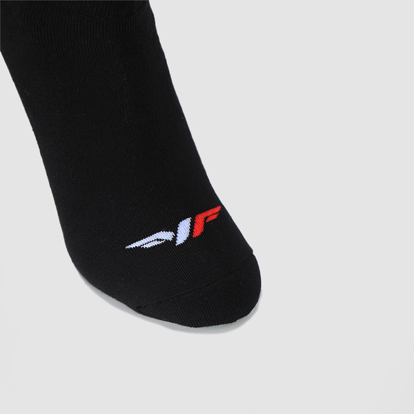 close up view for socks black with logo white and red 