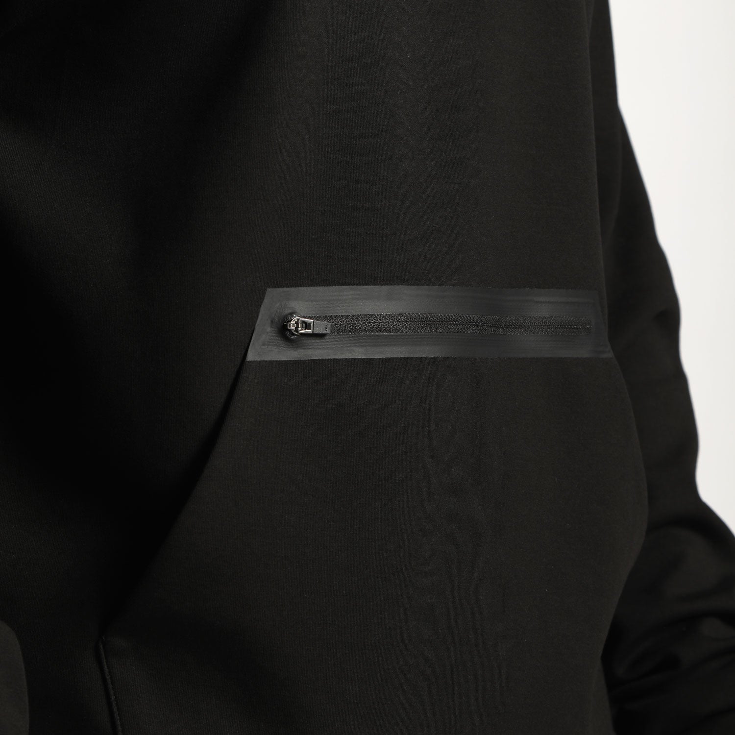 close up view for fit man wearing sweatshirt black with pocket kangaroo plus zipper