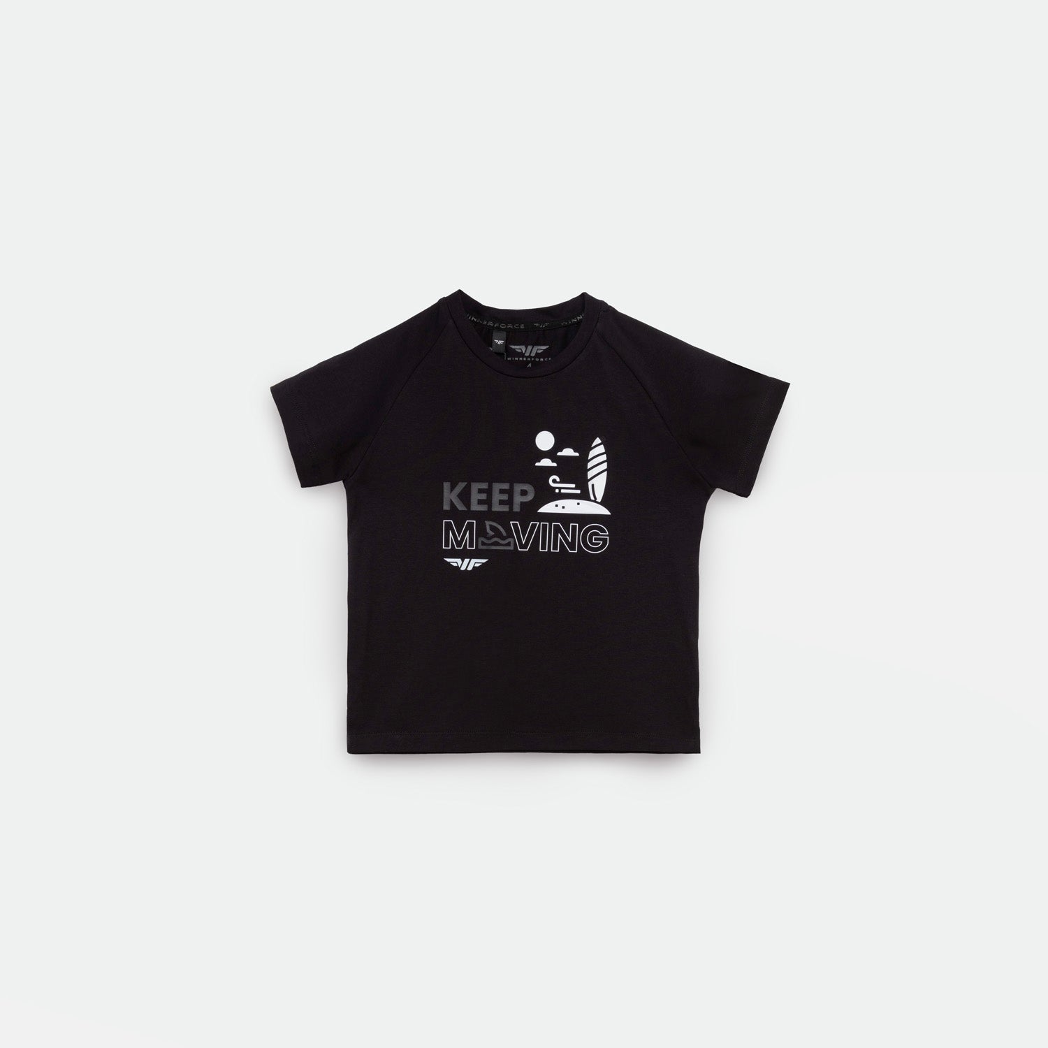  Black short-sleeved t-shirt with a graphic design that includes a windsurfer, sun, and waves. The text "KEEP MOVING" is printed on the front, with a stylized windsurfing icon replacing the "O" in "MOVING"