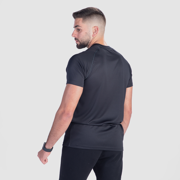 a back view for fit man wearing t-shirt and short black