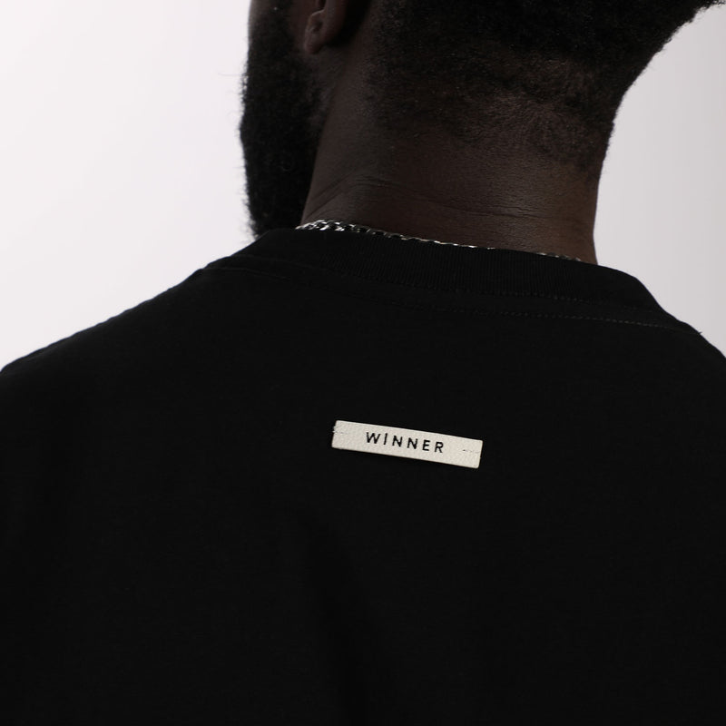 close up view for  back view of t-shirt black with logo