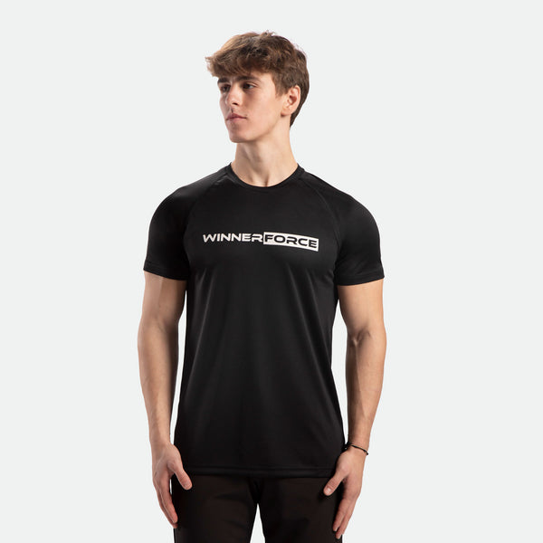a fit man wearing t-shirt black with logo and pants black 