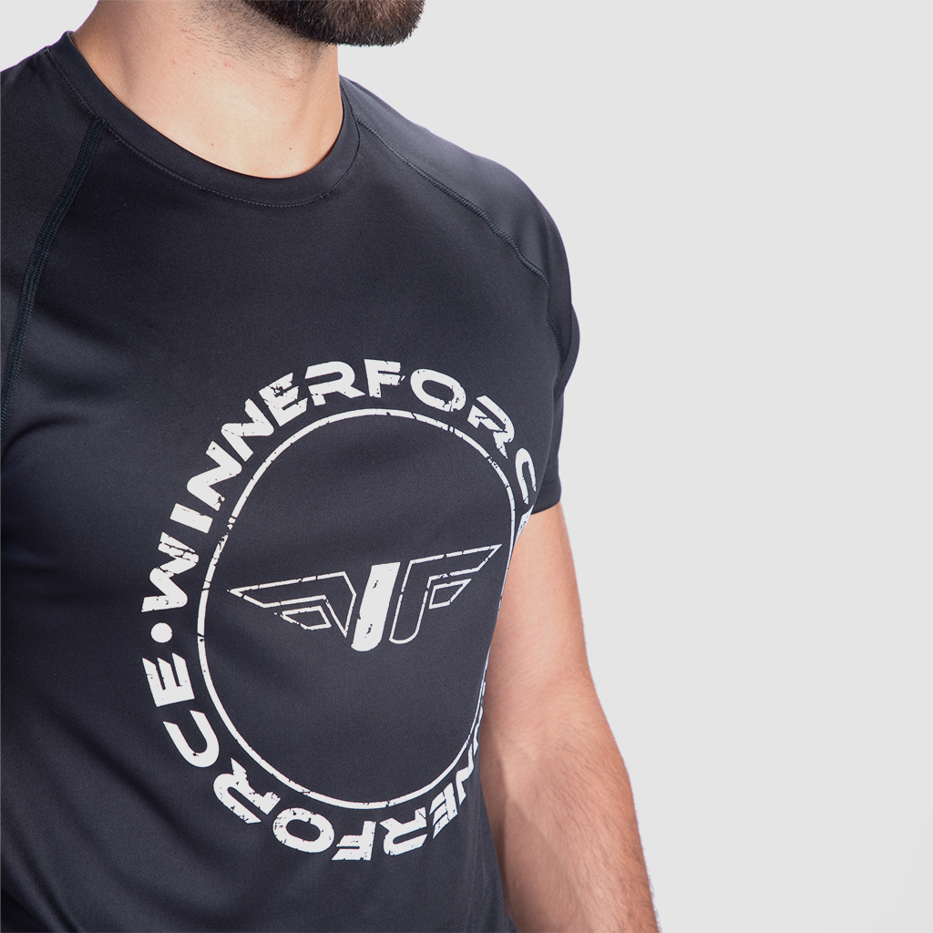 close up view for t-shirt black with logo white 