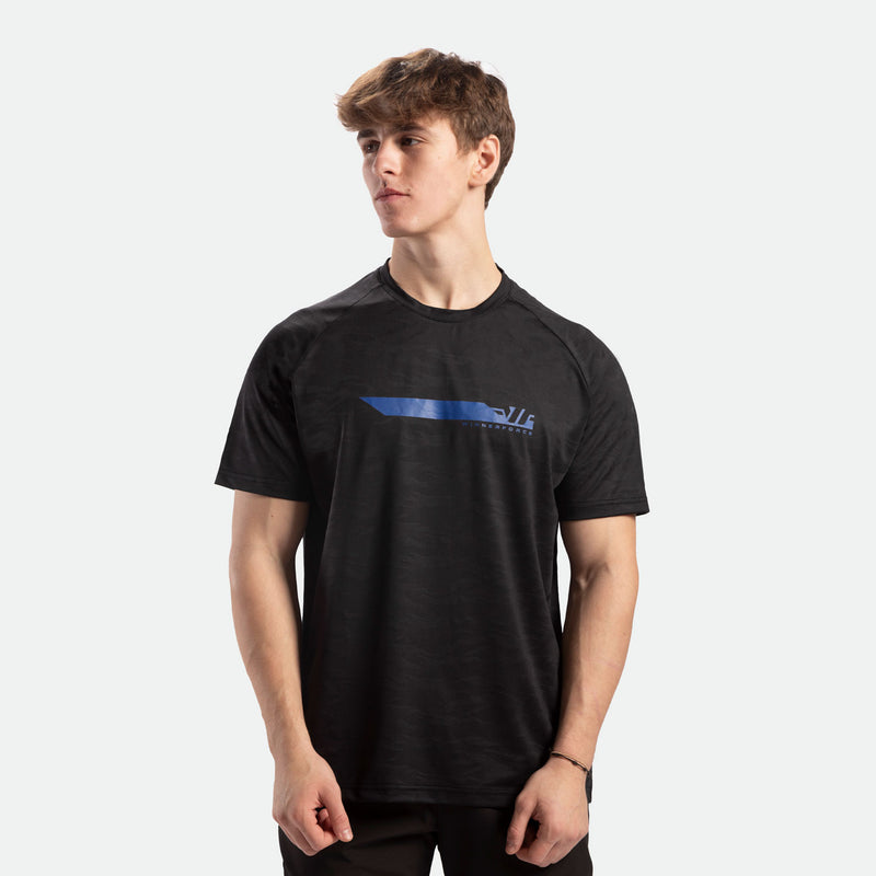 a fit man wearing camo t-shirt black with pants black 