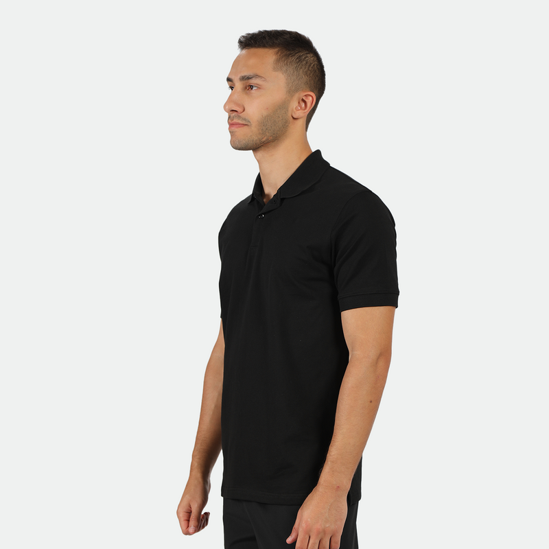 a fit man stand at right and wearing t-shirt black with pants black 