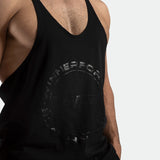 a fit man wearing tank black with logo 