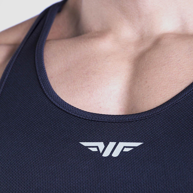 close up view for fit man wearing tank black with logo in half 